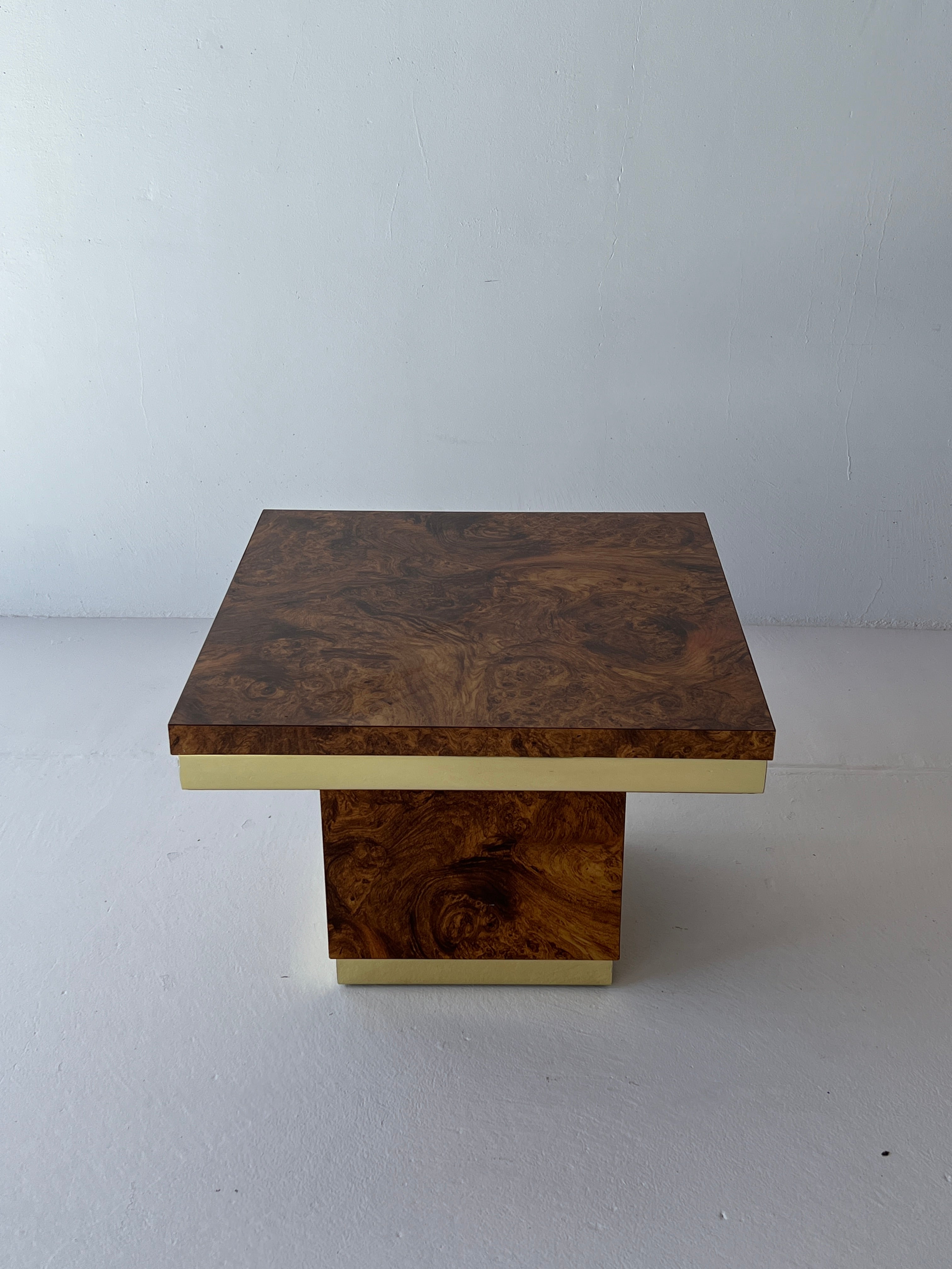 Mid Century Burl Laminate and Brass Table