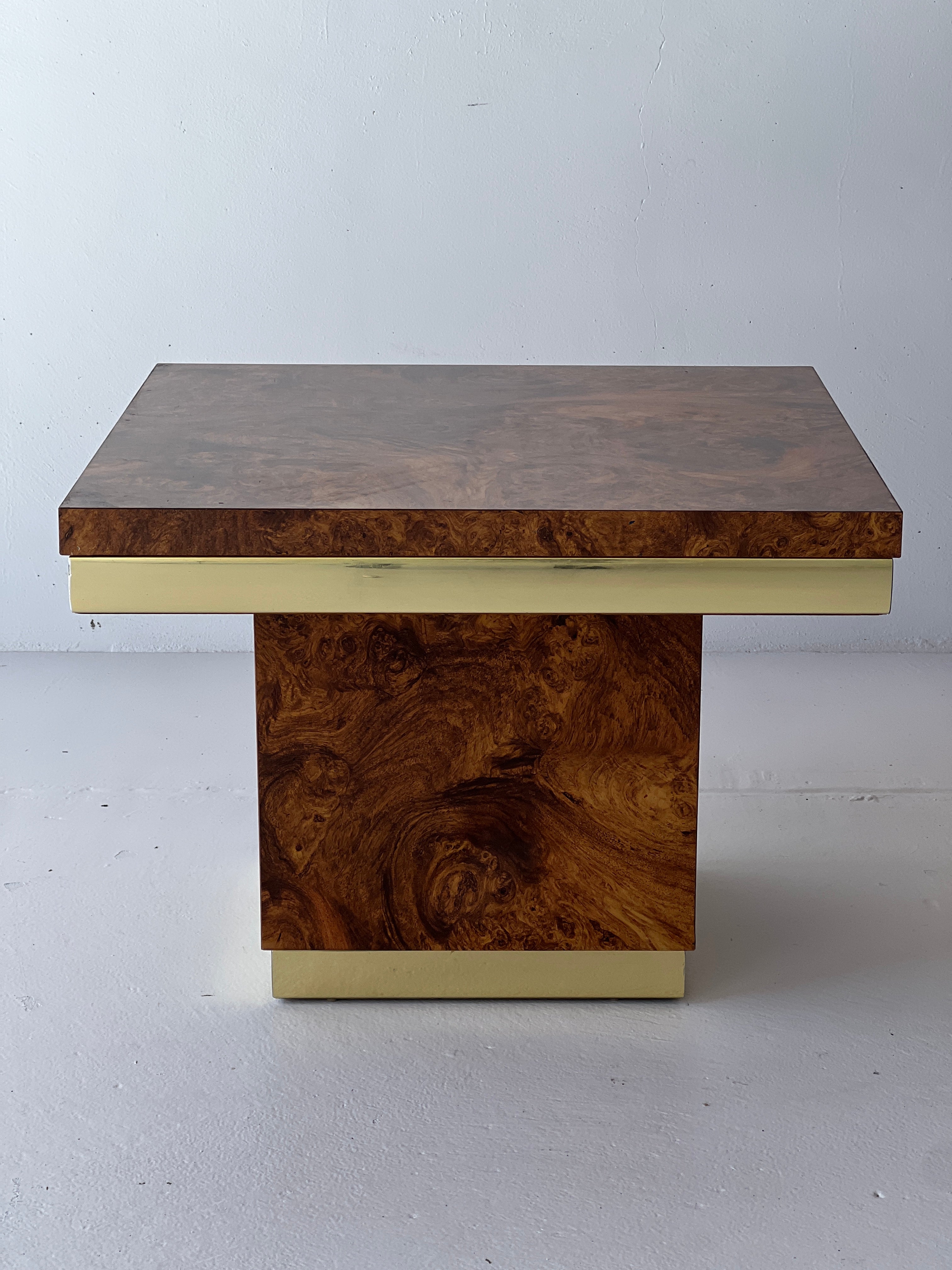 Mid Century Burl Laminate and Brass Table