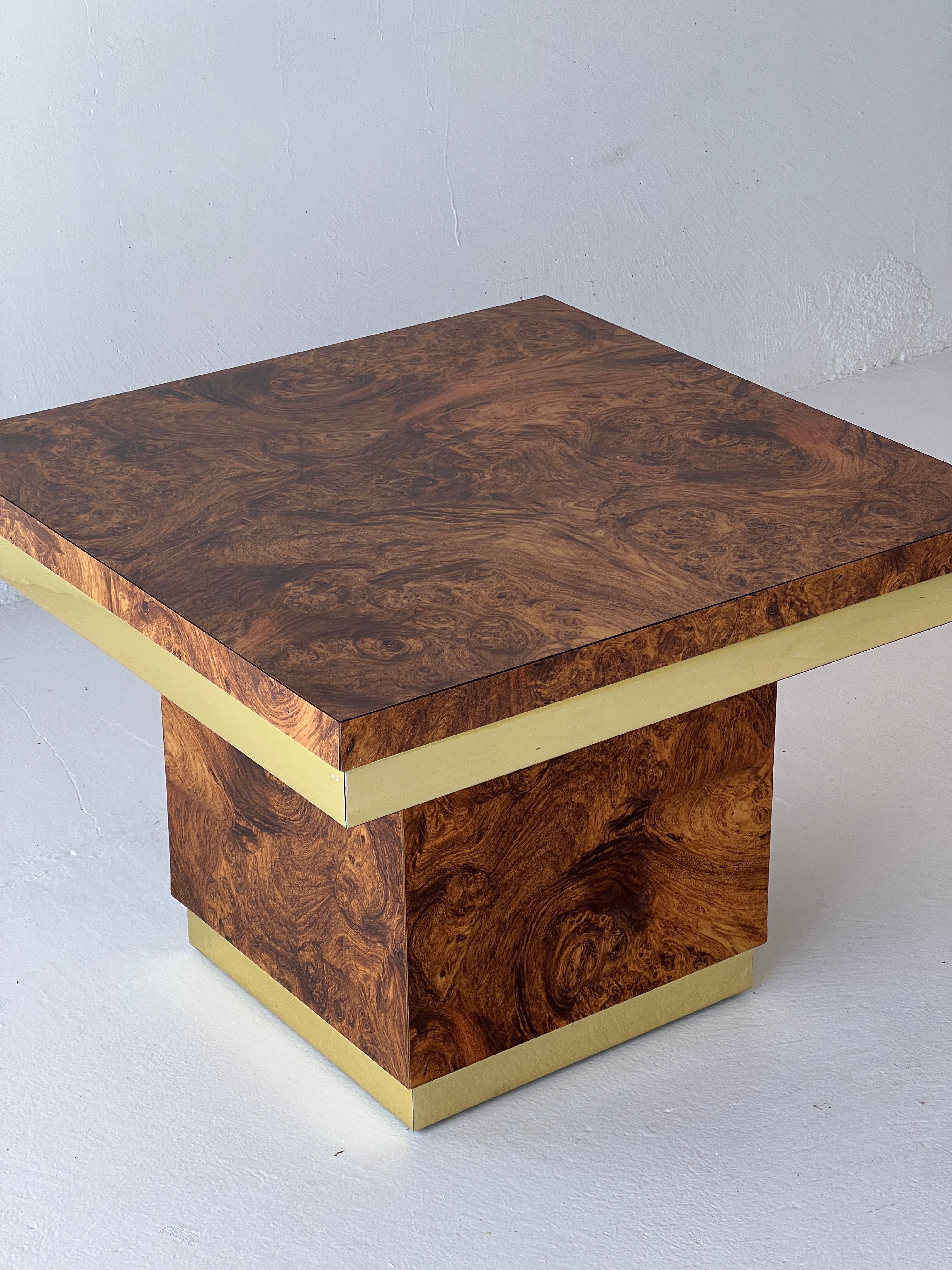 Mid Century Burl Laminate and Brass Table