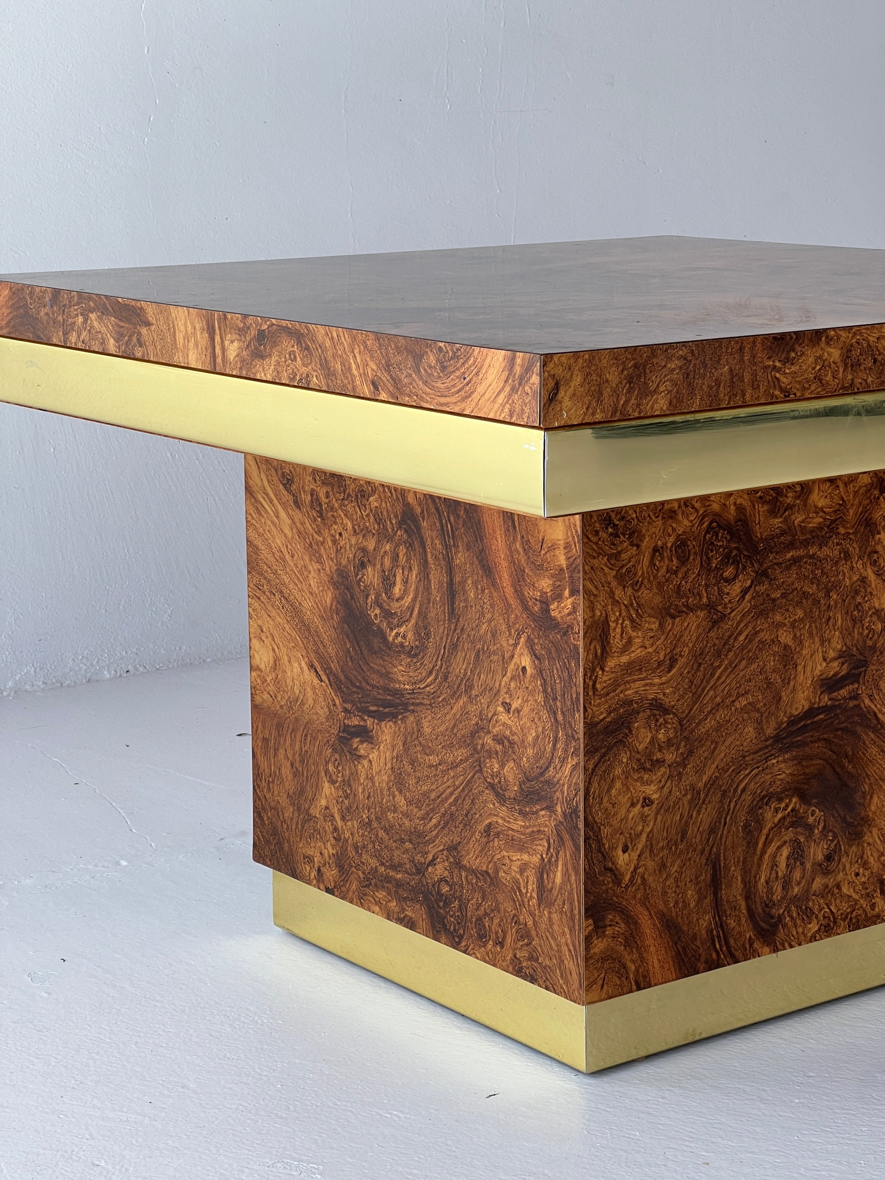 Mid Century Burl Laminate and Brass Table