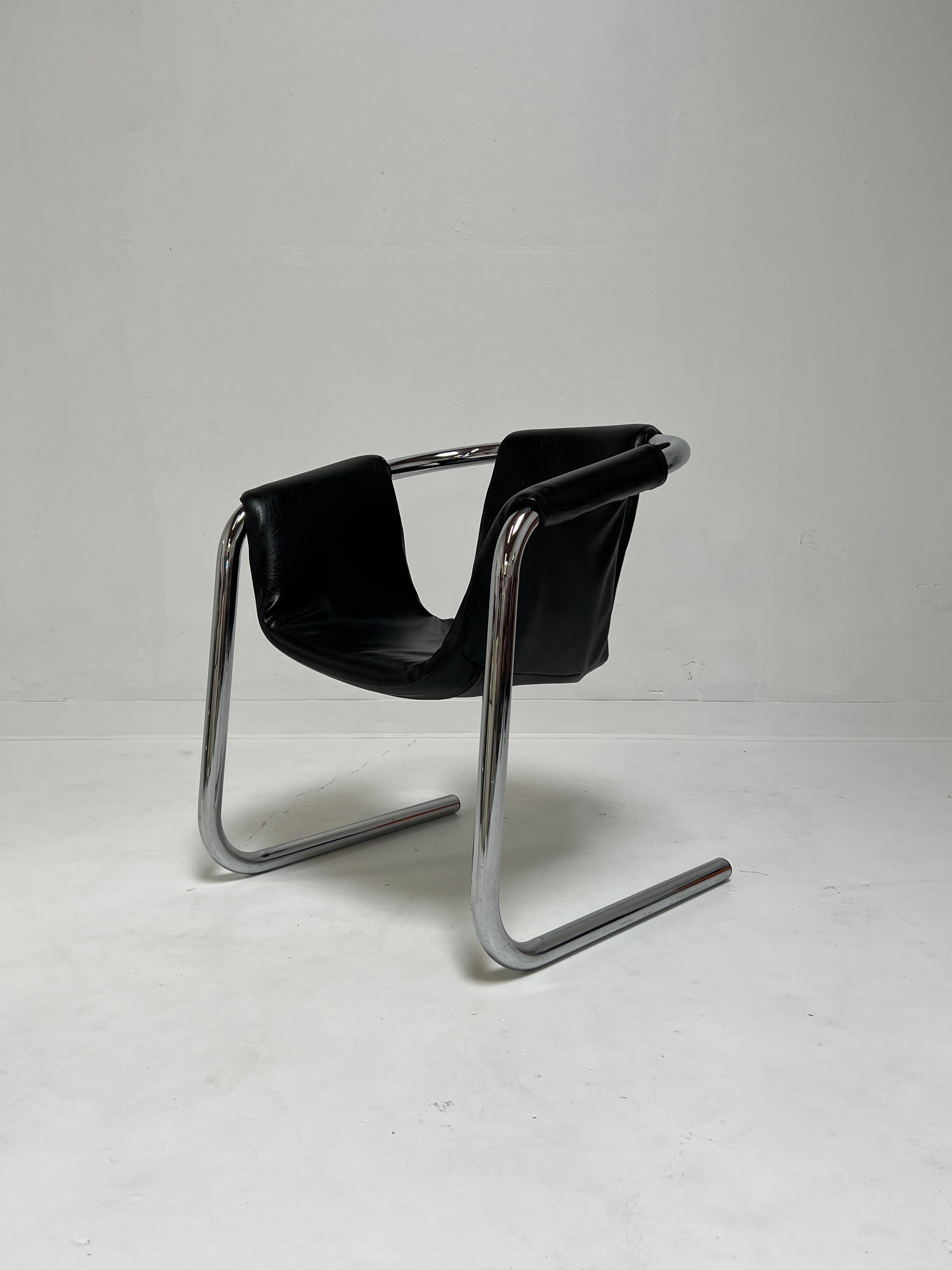 1970s Chrome Vecta Zermatt Sling Black Leather Lounge Chair